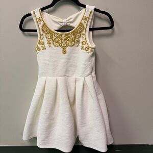 Beautees White Gold Embroidered Beaded Fit Flare Soft Girl Dress Sz 10